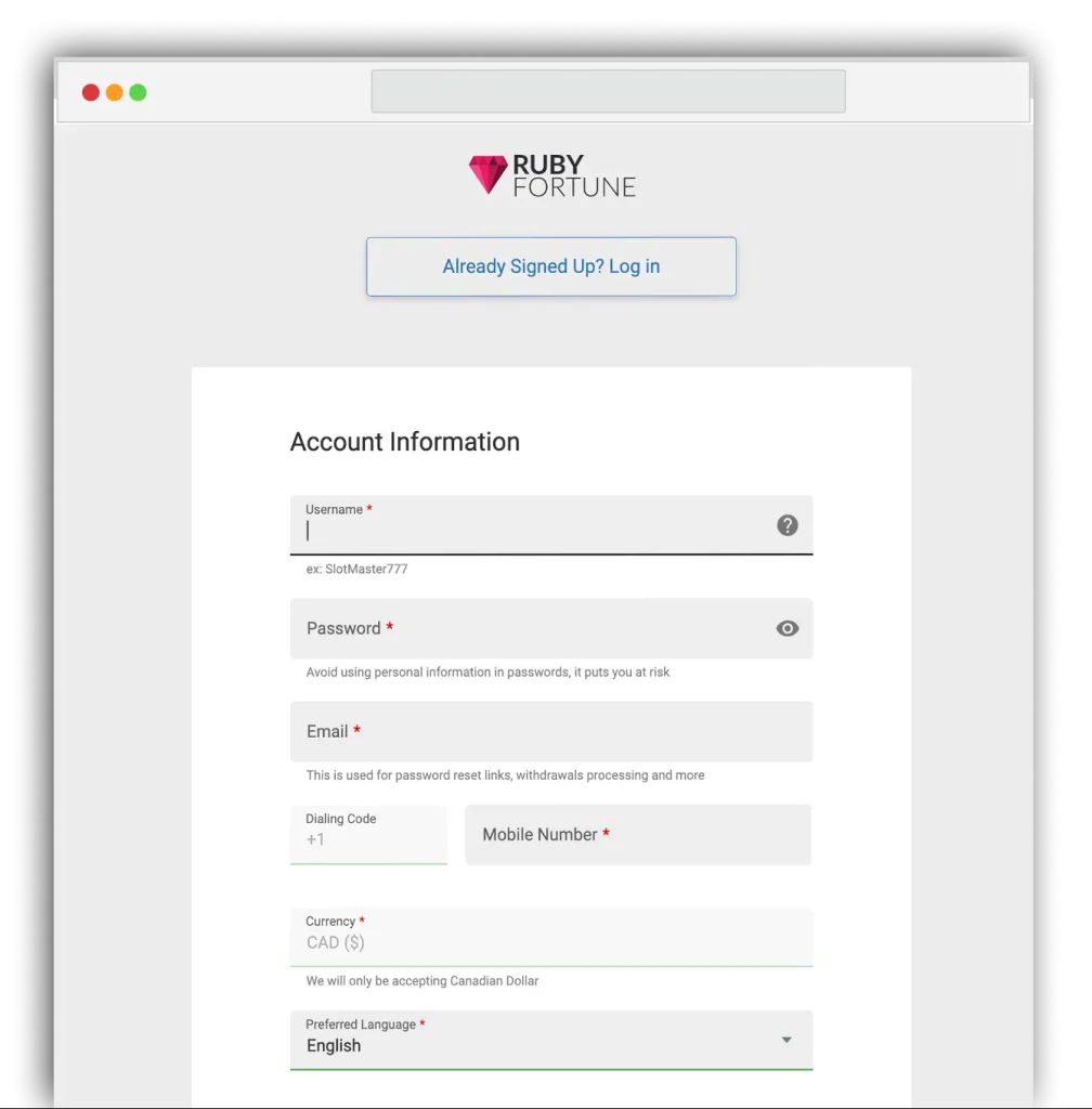 ruby fortune sign in canada